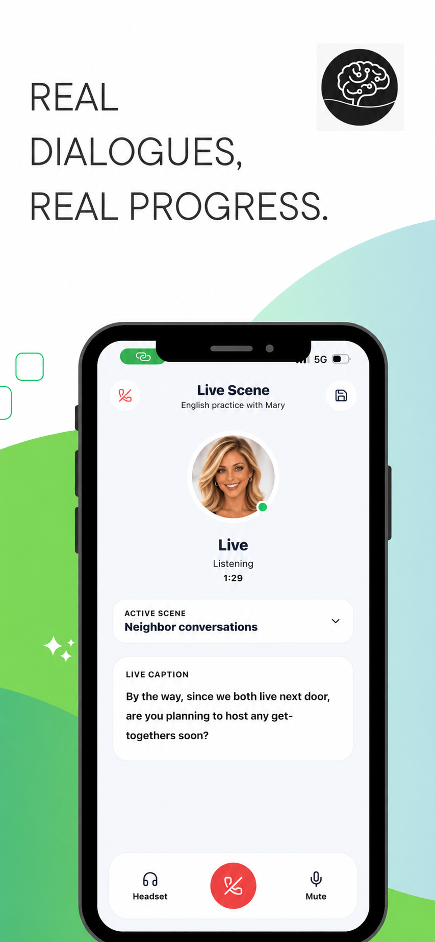 Live call conversation screen showing real-time caption and speaking interaction