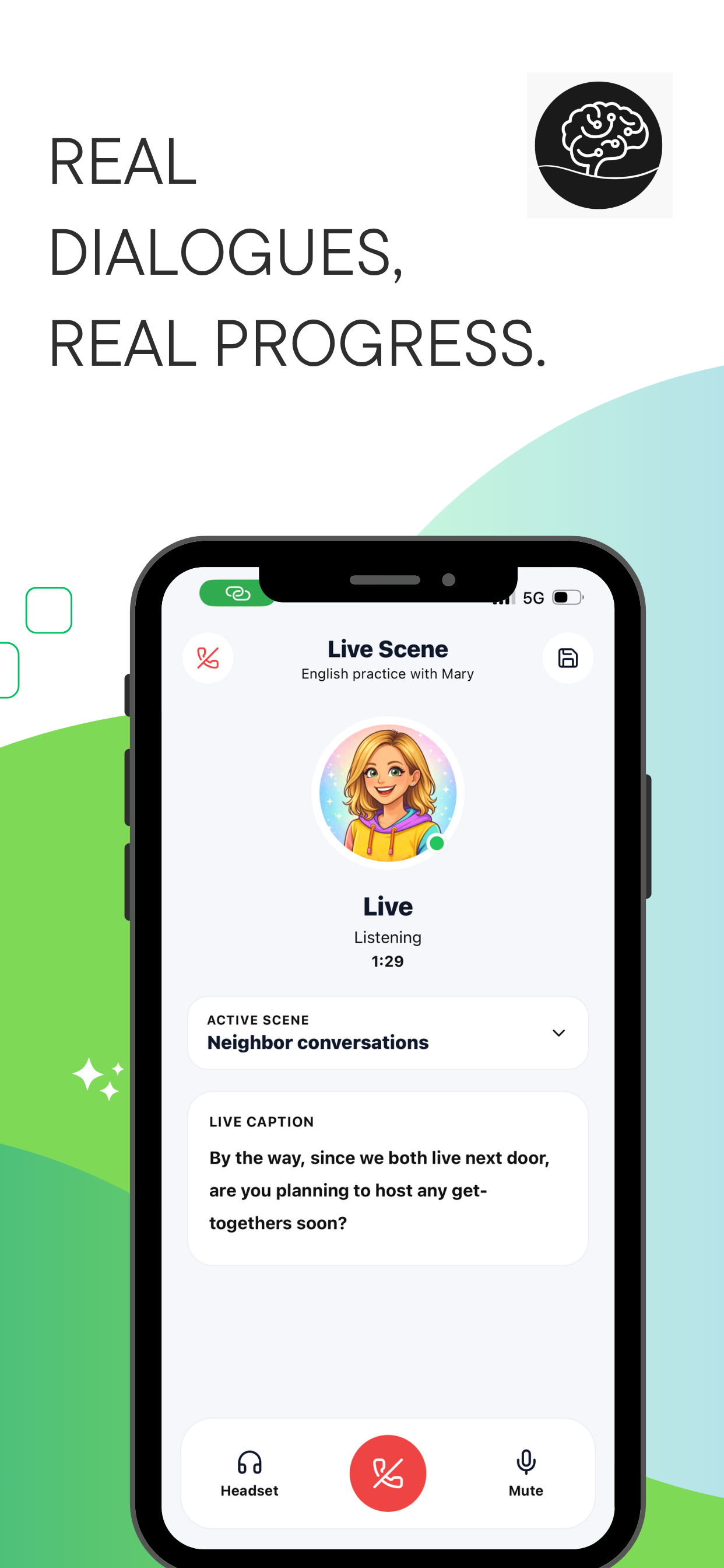 Live call conversation screen showing real-time caption and speaking interaction